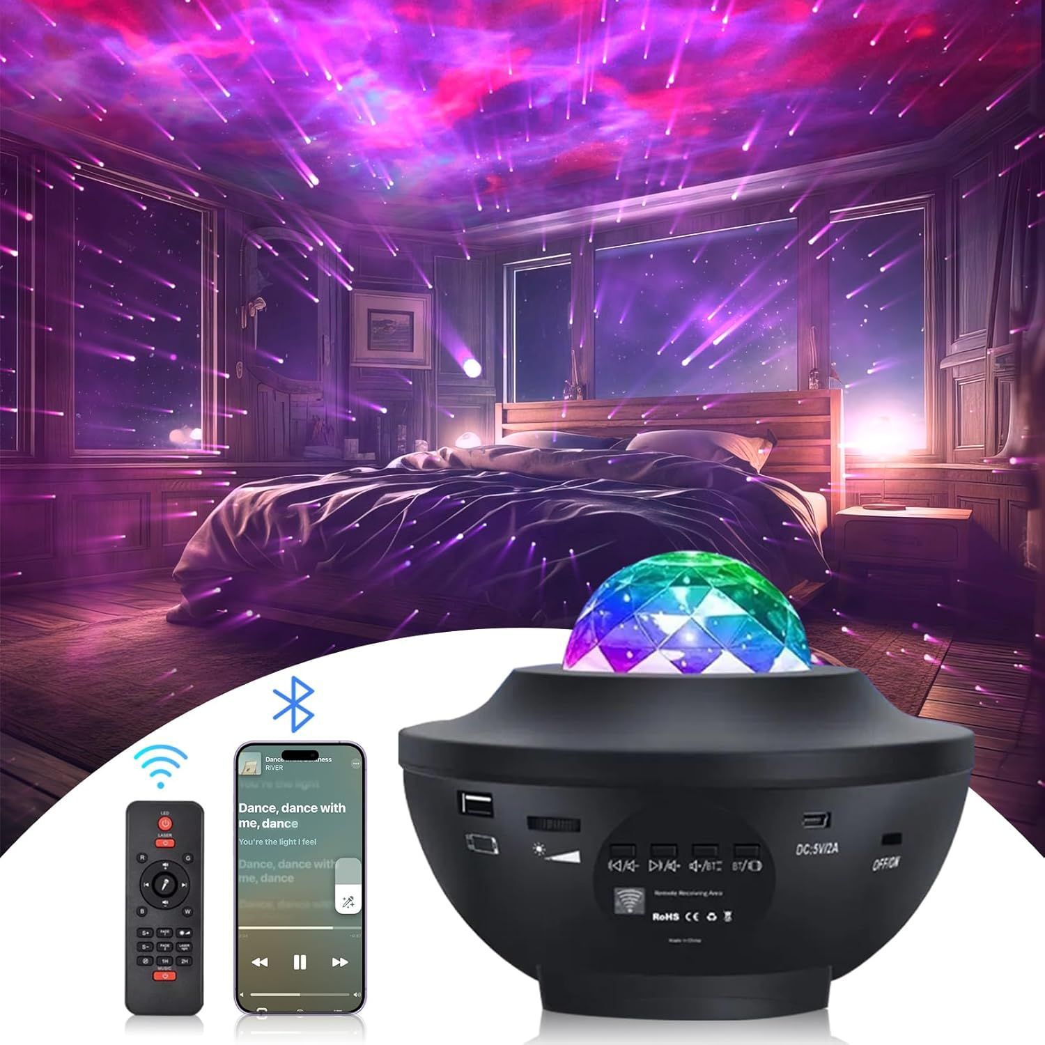 Sternenhimmelprojektor Mit Led-nachtlicht Und Meereswellen, Inklusive Fernbedienung, Farbwechselnder Musik, Bluetooth-lautsprecher Und Timer, Ideal Für Anfänger.