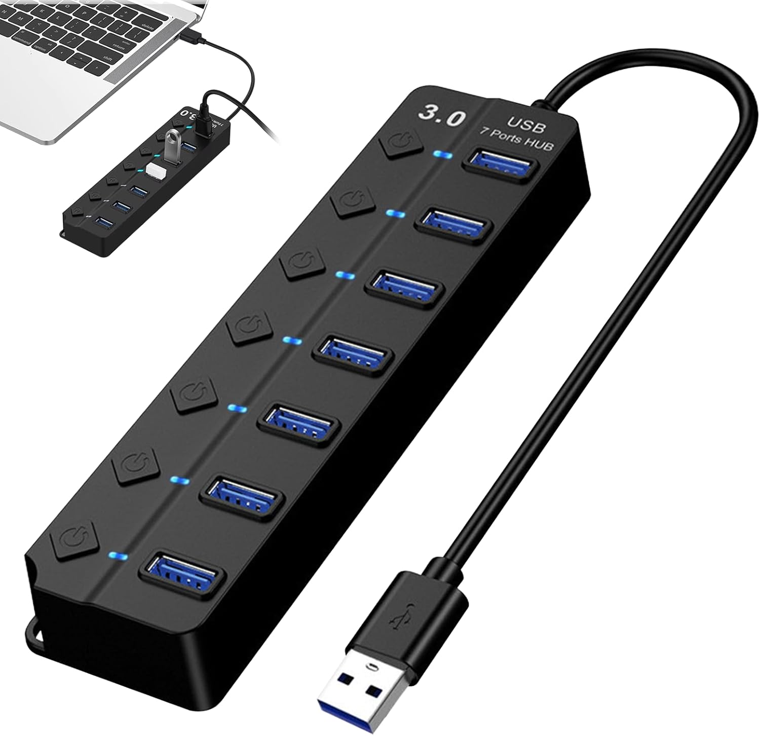 7-port Usb 3.0 Hub Mit Individuellen Schaltern Und Kontrollleuchten, Kompatibel Mit Laptops, Desktop-pcs, Ps5 Und Macbook.