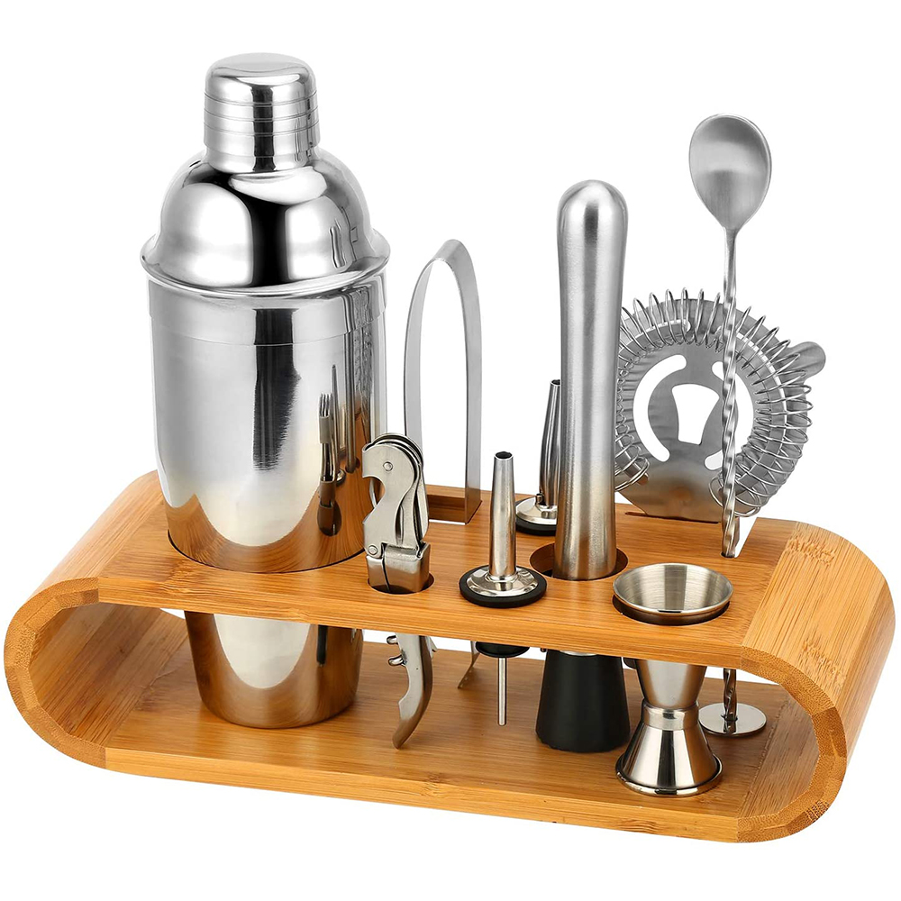 10-teiliges Barset Mit Bambusständer – Hausbar-set Und Shaker Für Ein Außergewöhnliches Cocktail-erlebnis – 550 Ml – Silber