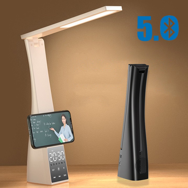 Led-schreibtischlampe Mit Bluetooth-lautsprecher, Audioplayer, Spiegel, Wecker, Thermometer, Radio, Handyhalterung, Usb-aufladung, 4 Dimmstufen, Faltbar, Tf-kartenhalter