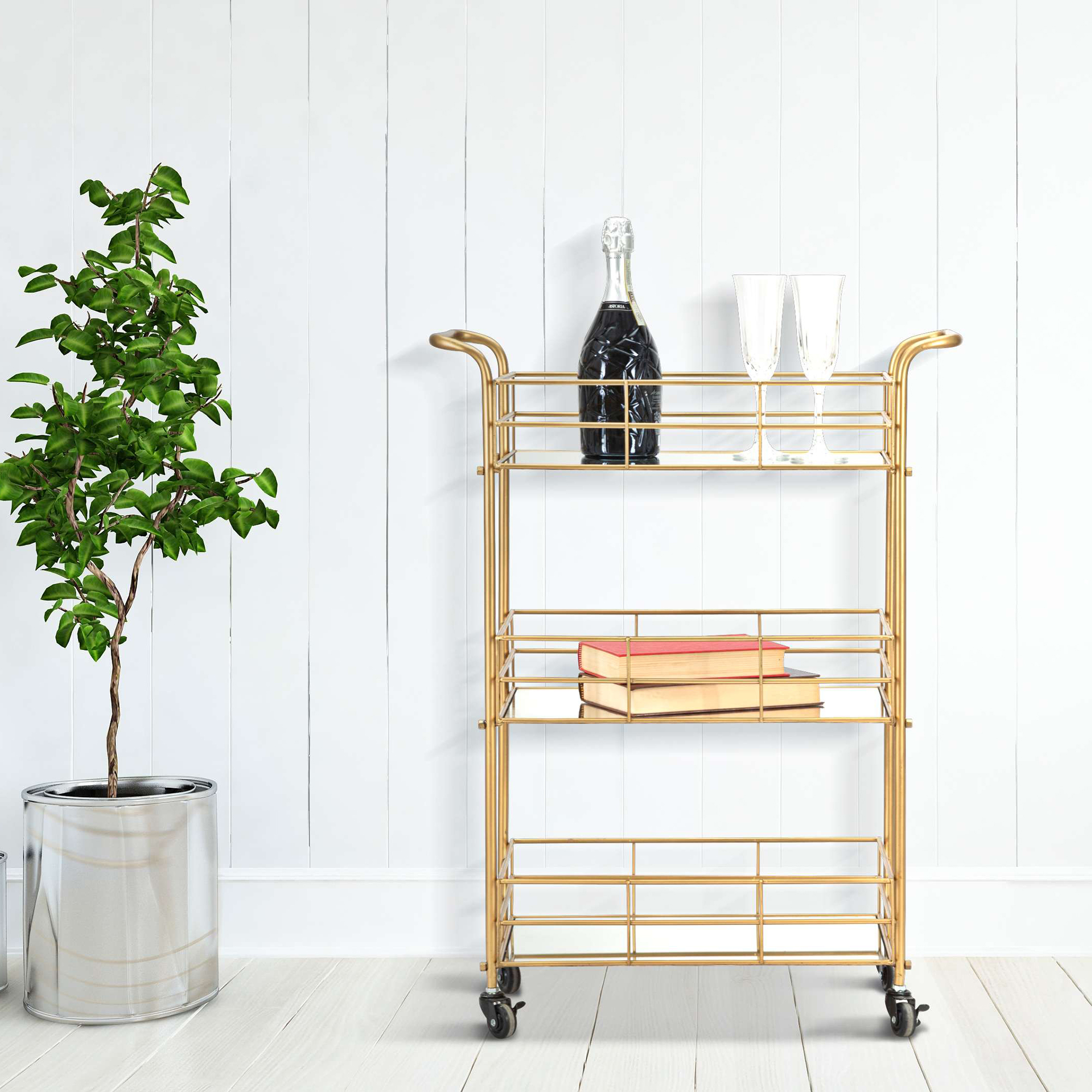 Servierwagen Arviat, 3 Böden, Rollen, Gestellfarbe Rauch, 60x31x80h Cm Gold