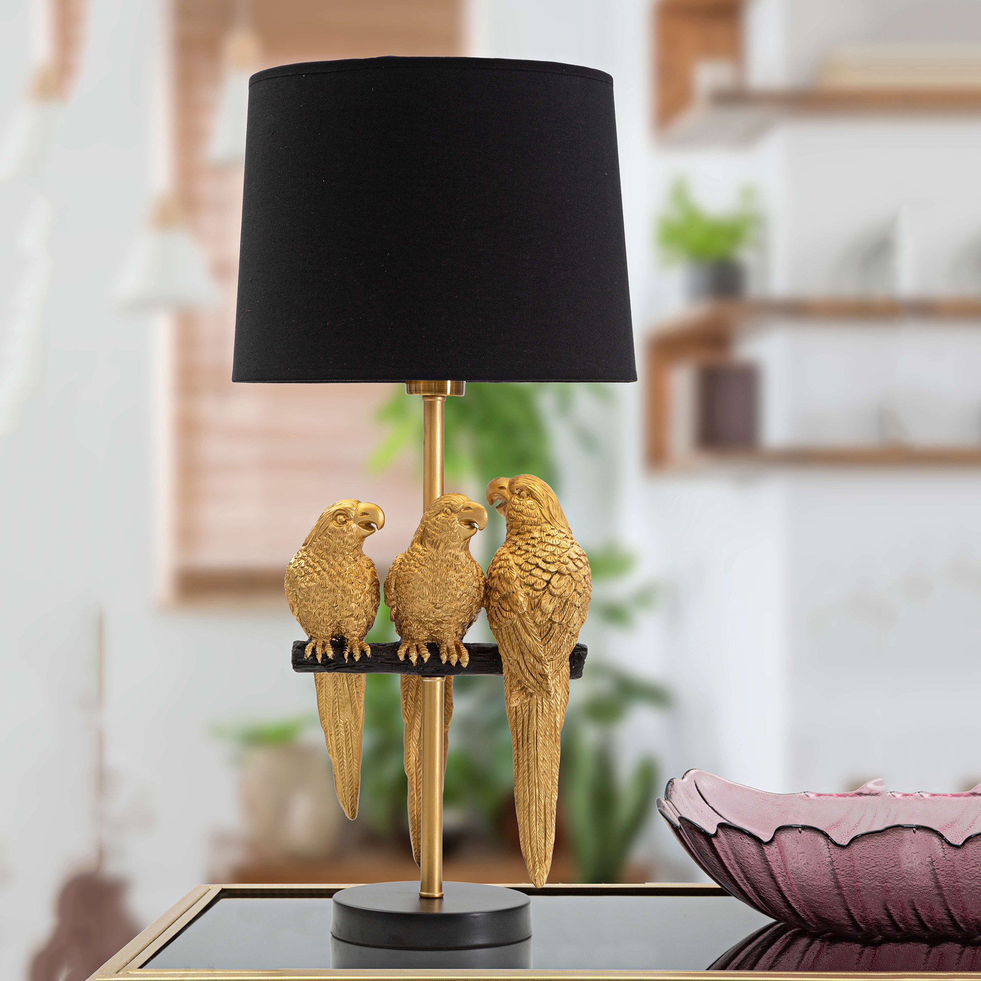 Tischlampe Paia, Dekoration Mit Papageien, Fassung E27, Lampenschirm, Gold