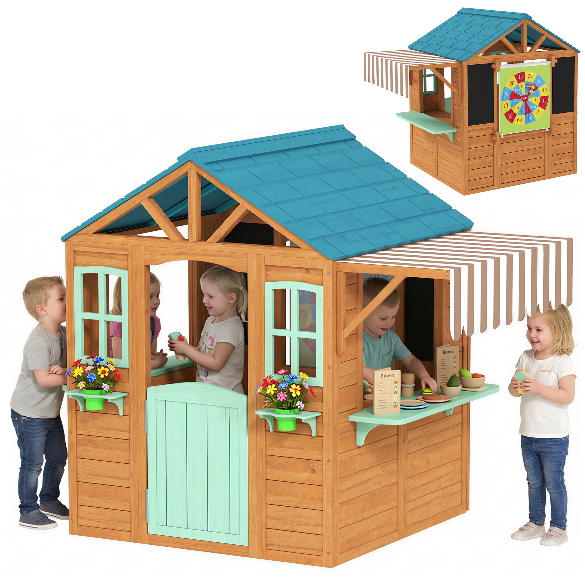 Outdoor Kinderspielhaus Mit Verkaufstheke Pflanzenkasten Kreidetafel Zieltuch 4 Ball 142 X 120 X 141,5 Cm Mehrfarbig