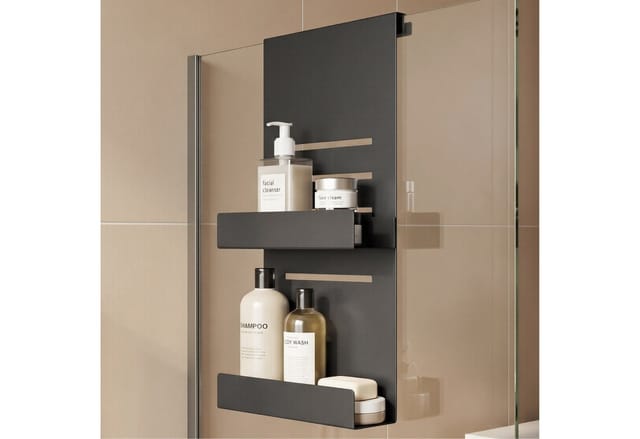 Doporro Duschregal Ohne Bohren, 2-stöckige Duschablage Zum Hängen Für Glasduschtüren Und Duschwände, Höhenverstellbar Mit 3 Haken, Shampoo Halterung Für Dusche, Duschkorb Schwarz Oryne-01