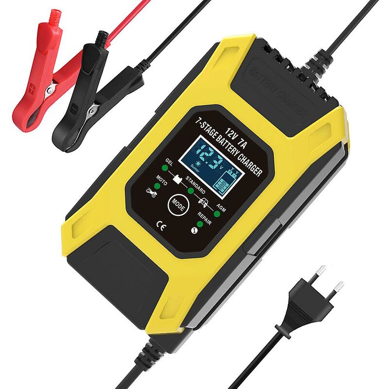 [neuwertig]7a/12v Intelligentes Batterieladegerät, Tragbares Schnellladegerät Für Motorräder Mit Lcd-display Und Schutz-/reparaturmodus Für Auto, Motorrad, Pkw (gelb)