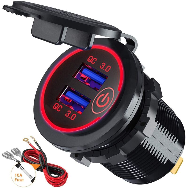 [neuwertig]schnelllade-autoladegerät 3.0 Mit Usb-anschluss Und Schalter, 12 V/24 V, 36 W, Dual Qc3.0 Usb Für Boote, Motorräder Und Lkws (rot)