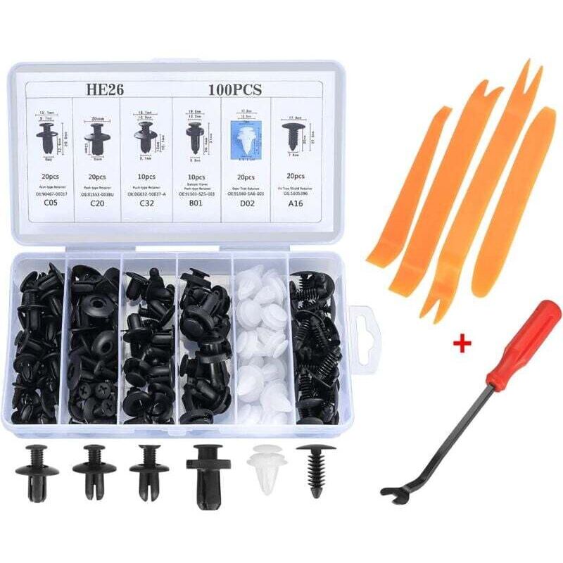 [neuwertig]packung Mit 100 Universellen Kunststoff-kotflügelclips, Stoßstangen-befestigungsclip-set Mit Werkzeug Zum Entfernen Von Verkleidungen