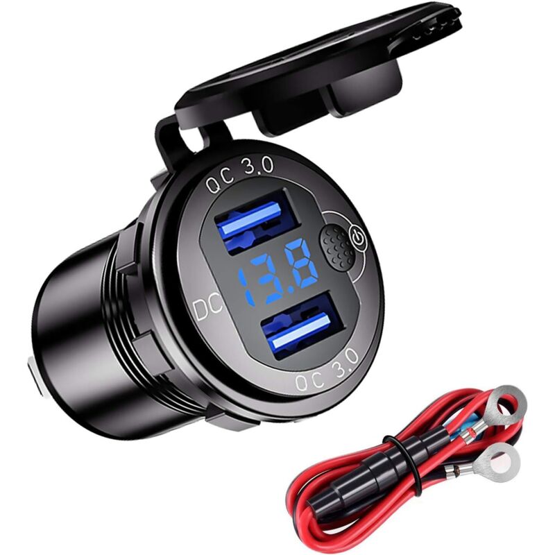 [neuwertig]wasserdichter Qc3.0 Usb-auto-/motorradlader, 12/24v Dual-usb-ladestecker Aus Aluminiumlegierung, Mit Schalter Und Led-voltmeter Für Autos, Boote, Atvs, Busse (schwarz)