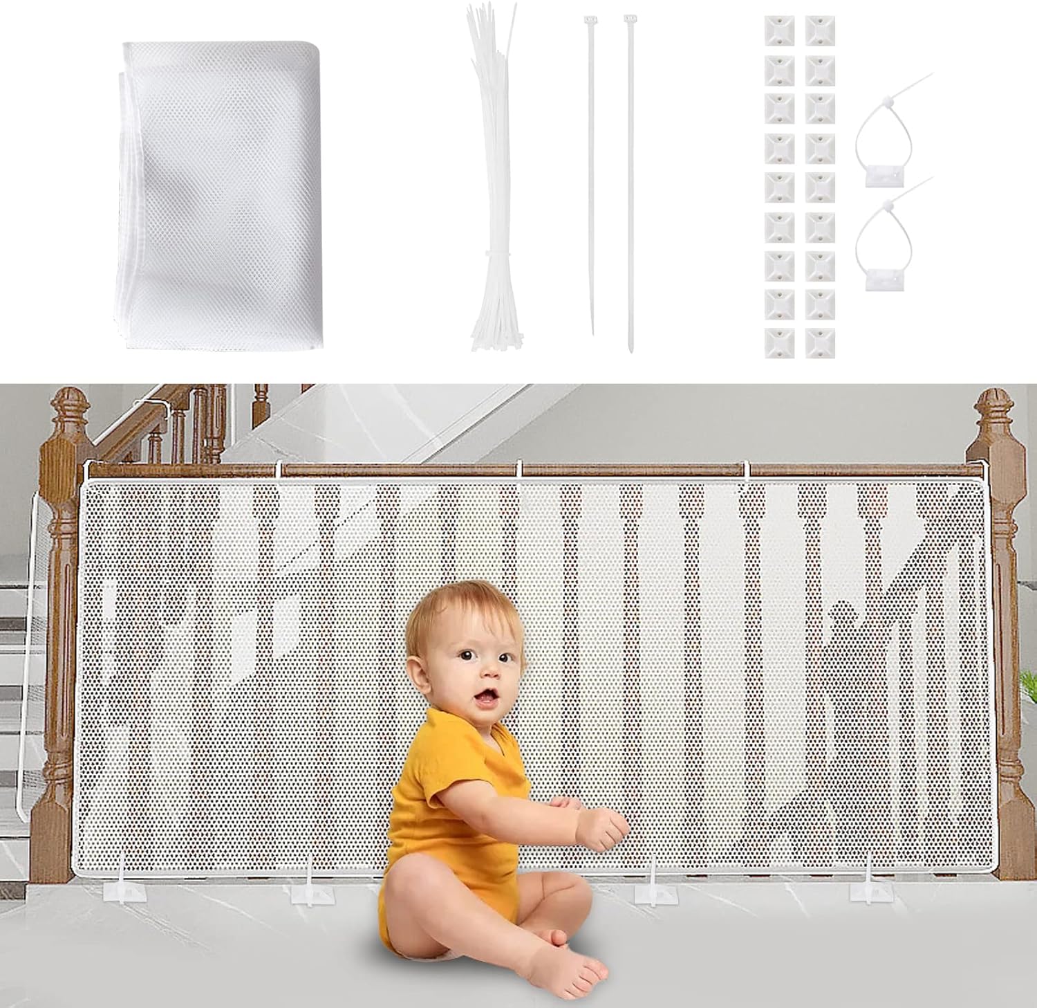 Sicherheitsnetz Für Kinder, Babysicherheitsnetz Für Balkon Und Treppe, 300 X 90 Cm (l X H), Robustes, Verstellbares Maschengewebe, Treppenschutzgitter Für Katzen Und Spielzeug, Weiß