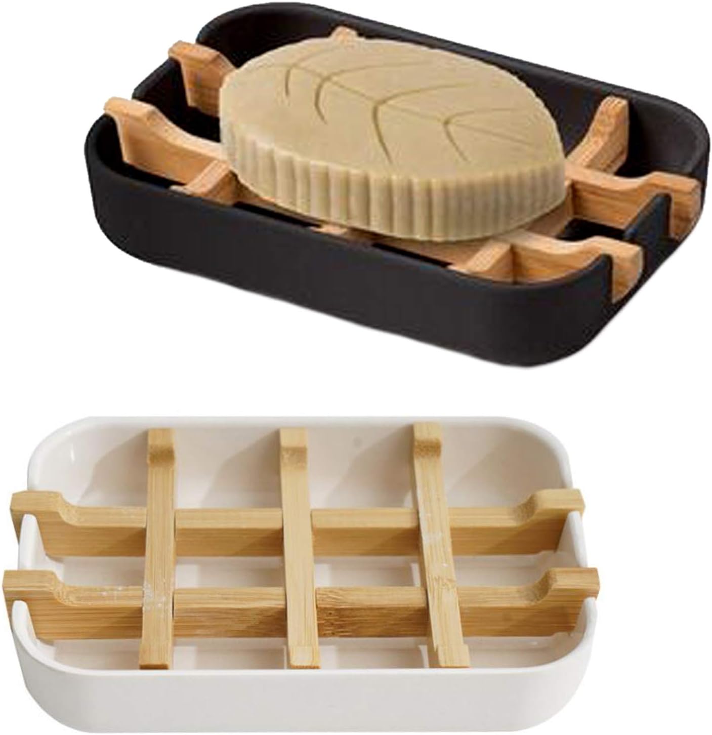 Set Mit 2 Seifenschalen Aus Natürlichem Holz Mit Abtropfschale, Selbstentleerender Seifenhalter Für Badezimmer, Dusche, Küche (ohne Deckel), Schwarz Und Weiß