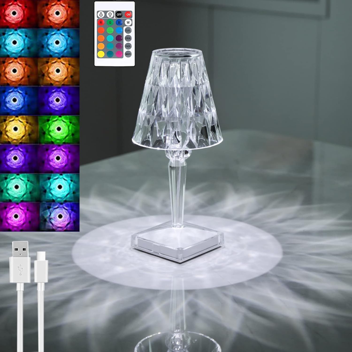 Diamantkristall-tischleuchte, Usb-wiederaufladbare Kristall-nachttischleuchte, Einstellbare Temperatur/helligkeit, Lithium-batterie, Touch-steuerung – Mit Batteriebetriebener Fernbedienung, Touch-bedi