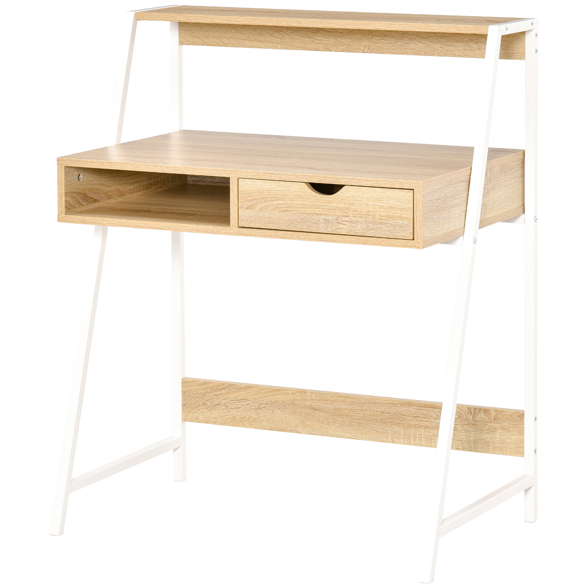 Sekretär, Computertisch, Neo-retro-stil, Schublade, Nische, Regal, Weißes Metall, Helle Eichenoptik