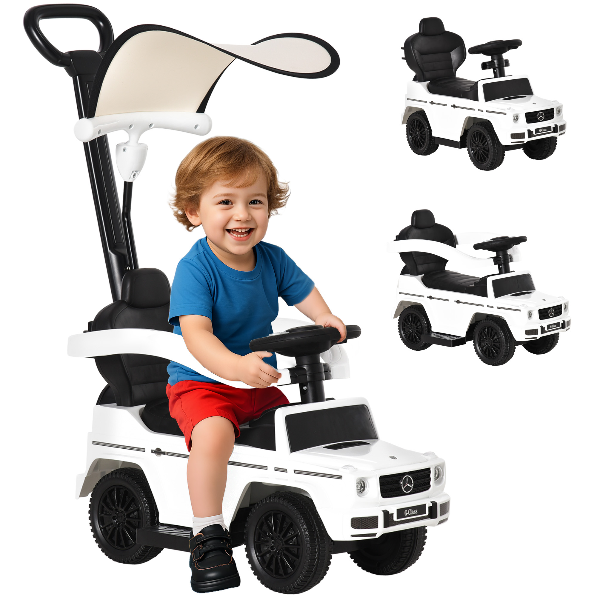 Kinder-elektroauto, Komplett Ausgestattet, 12–36 Monate, Mit Hupe, Fußstütze, Sicherheitsbügeln Und Sonnenschutz, Weiß