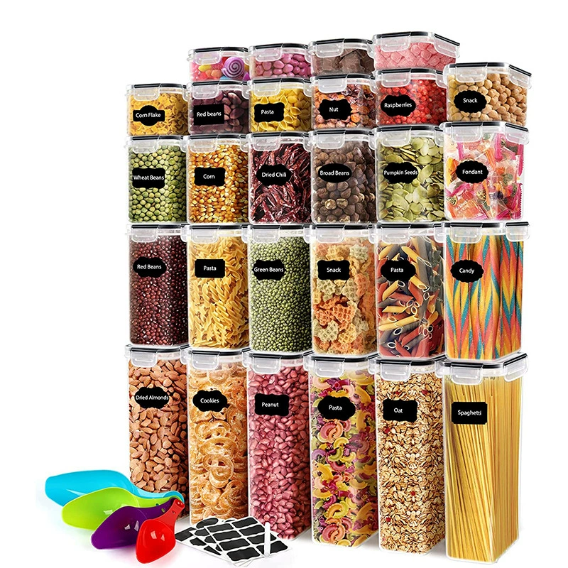 Set Mit 28 Luftdichten Vorratsdosen Mit Deckel Für Die Vorratskammer – Ideal Für Müsli, Nudeln, Mehl Und Zucker – Inklusive Etiketten Und Stiften, Spülmaschinenfest