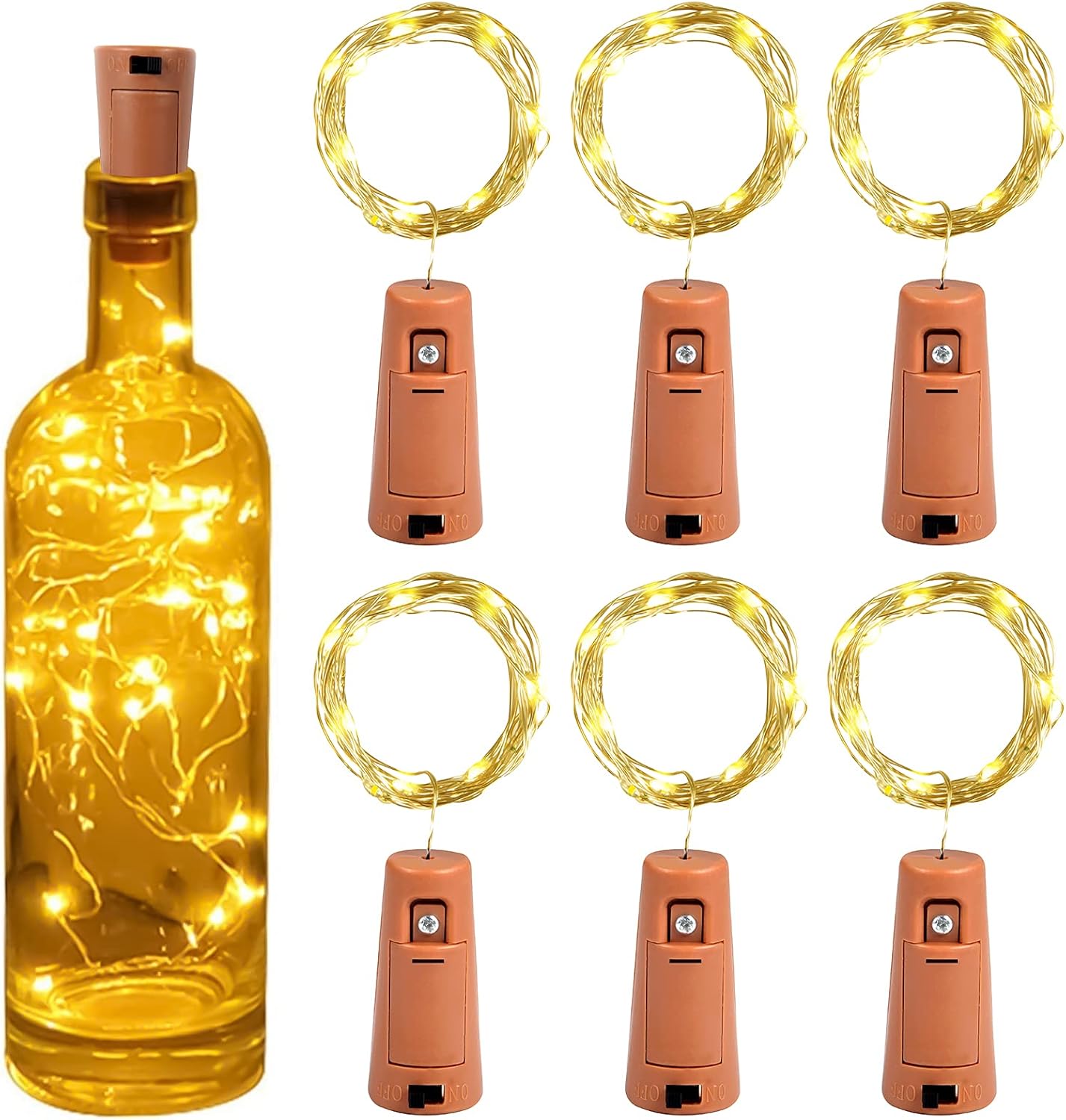 2 M Lange Led-flaschenlichterkette, 20 Leds, Wasserdichte Led-flaschendeckellichter, Flexibler Silberner Draht, Dekoration Für Partys Und Hochzeiten (6 Stück, Warmweiß)