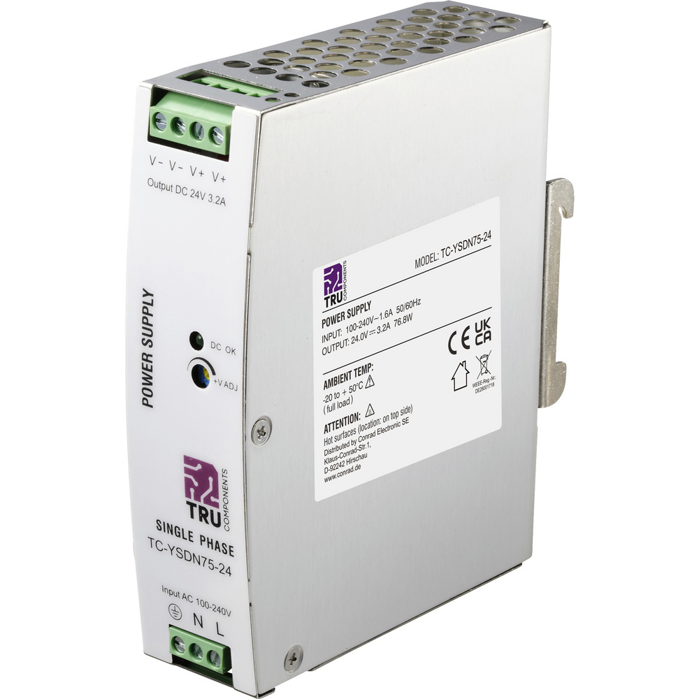 Tru Components Tc-13807980 Hutschienen-netzteil (din-rail) 24 V/dc 3.2 A 76.8 W Anzahl Ausgänge:1 X