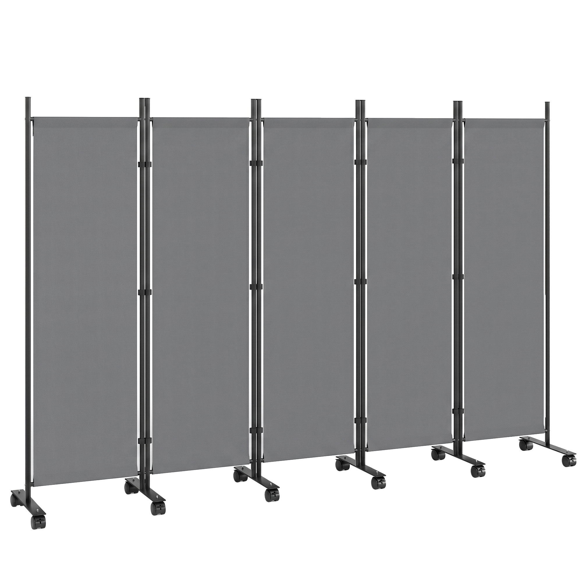 5-teiliger, Faltbarer Raumteiler, 252 X 170 Cm, Mit 12 Rollen Und Verbindungsclips, Stahl Und Polyester, Dunkelgrau