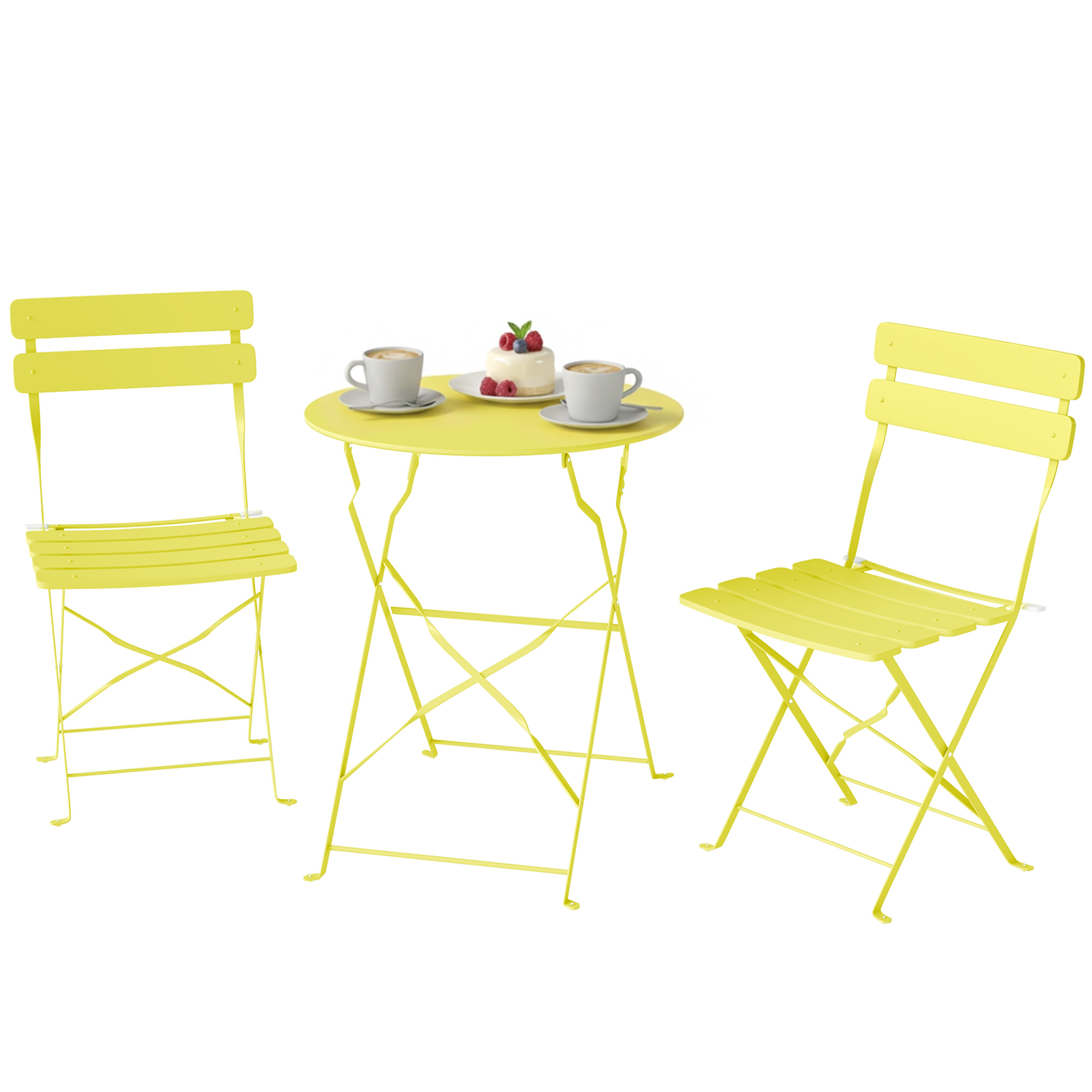3-teiliges Gartenbistro-set: Tisch Und 2 Klappbare Lattenstühle Mit Doppeltem Rostschutz, Gelb