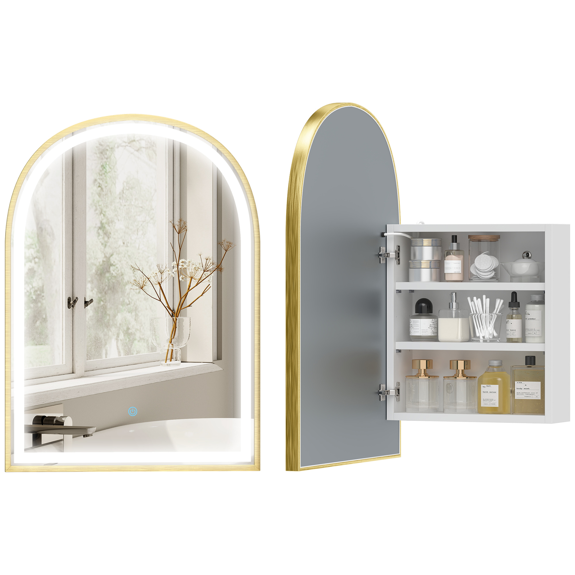 Badezimmer-wandschrank Mit Spiegel Und Led-beleuchtung, Bogentür, Beschlagfrei, 50 X 14,5 X 70 Cm, Gold
