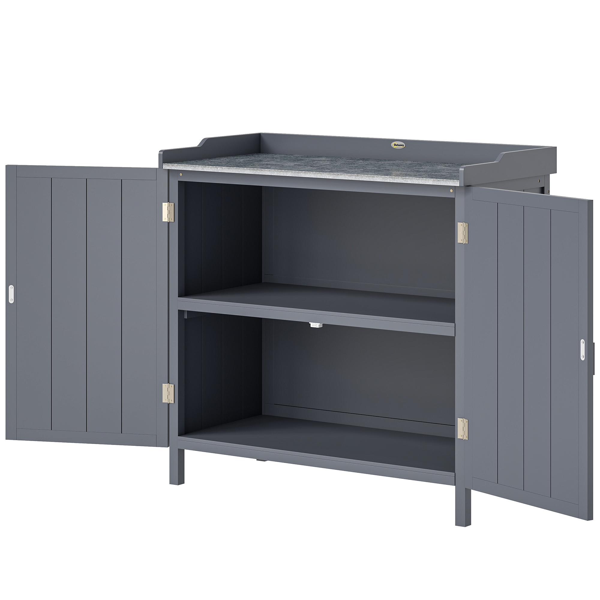 Freistehender Gartenschrank, 2-in-1-pflanztisch Mit Doppeltür, Ablage, Verzinkte Metallplatte – Grau
