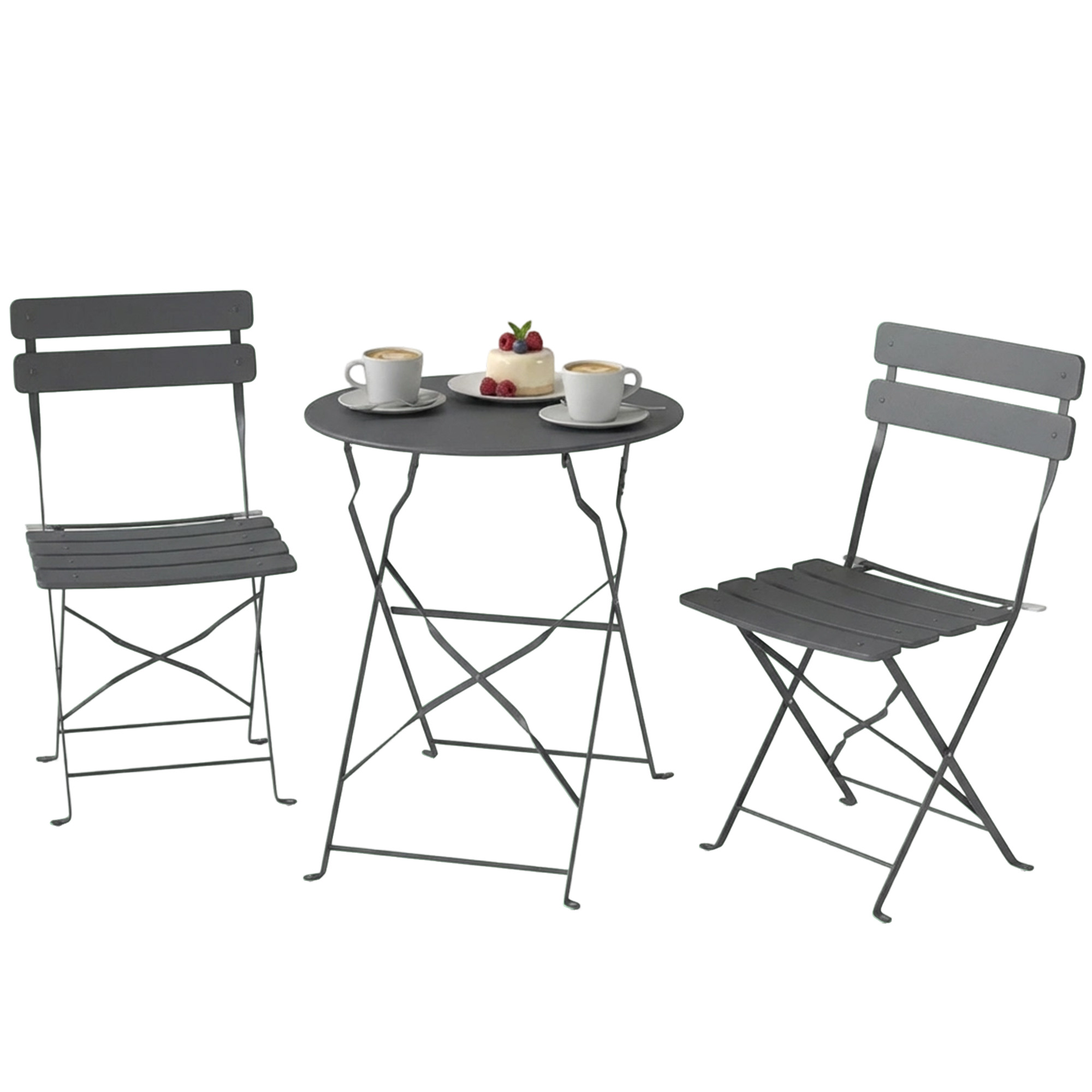 3-teiliges Gartenbistro-set: Tisch Und 2 Klappstühle Mit Doppeltem Rostschutz, Graues Metall