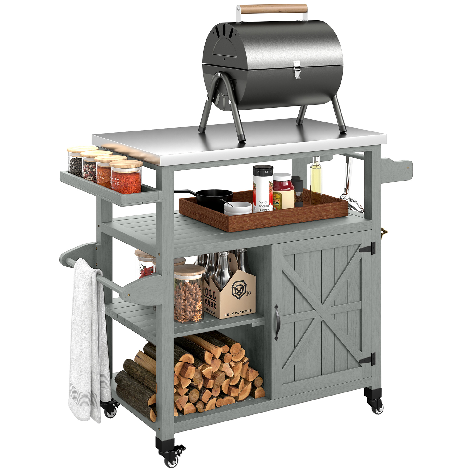 Servierwagen/grillwagen Für Den Garten Auf Rädern Mit Edelstahlplatte, 107 X 49,5 X 92,5 Cm, Grau