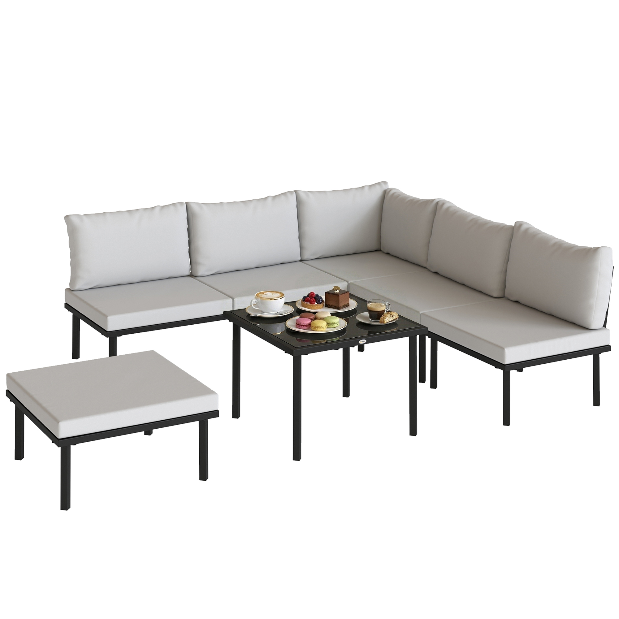 Modulare Eck-gartenlounge Für 6 Personen, Couchtisch Mit Tischplatte Aus Gehärtetem Glas, Hellgrau