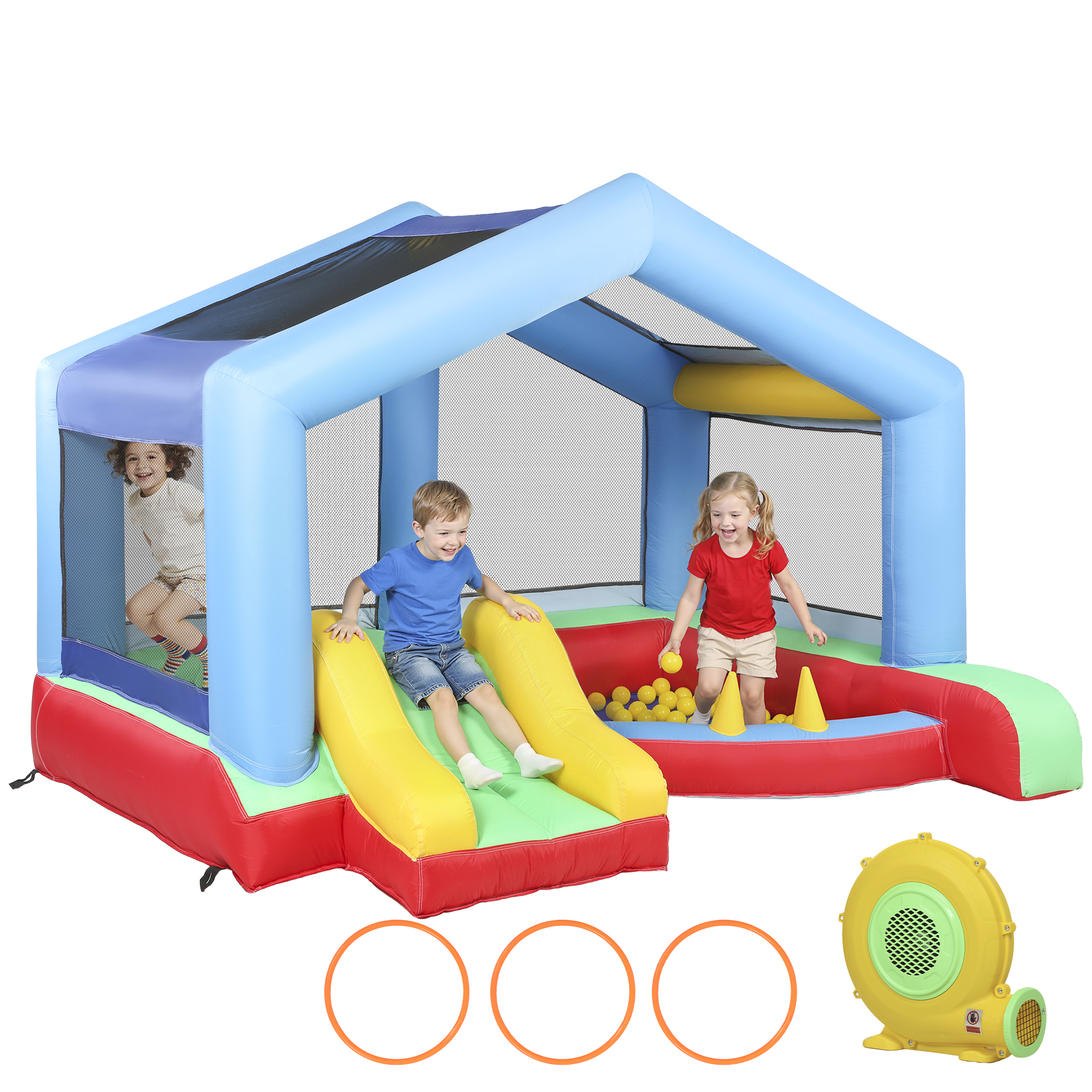 4-in-1 Aufblasbare Burg, Spielbereich Mit Gebläse, Rutsche, Bällebad, Ringwurfspiel, Mehrfarbig