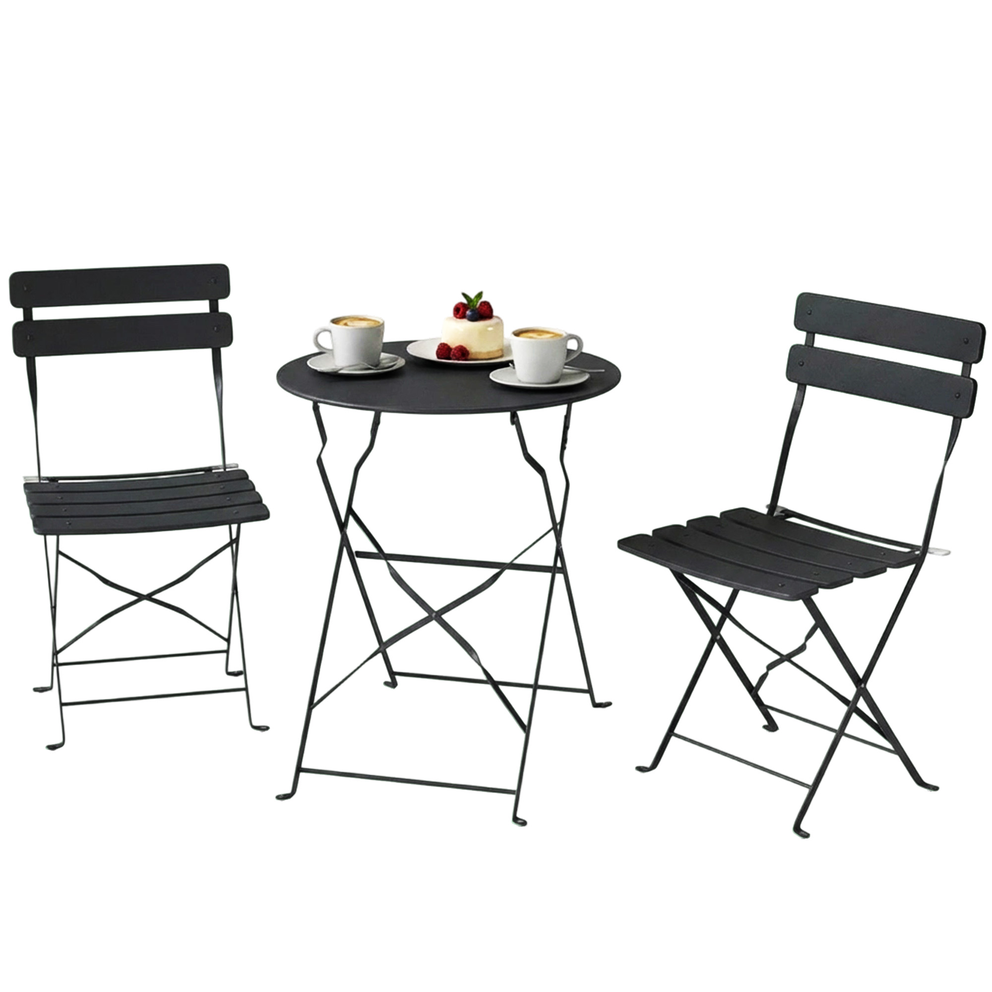 3-teiliges Gartenbistro-set: Tisch Und 2 Klappbare Lattenstühle, Doppelter Rostschutz, Schwarz