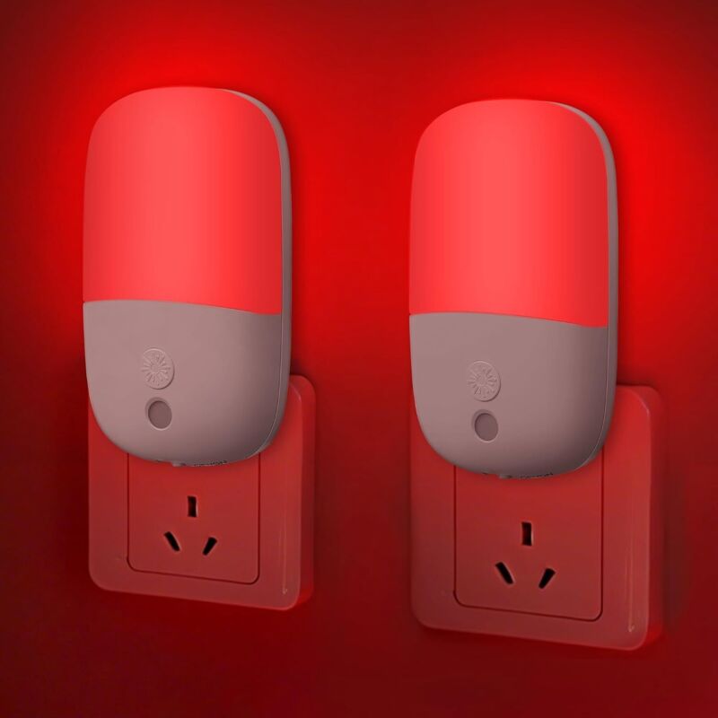 Set Mit 2 Roten Led-nachtlichtern (670 Nm) Zur Verbesserung Der Schlafqualität – Mit Dämmerungssensor (automatisches Einschalten Bei Einbruch Der Dunkelheit, Ausschalten Bei Tagesanbruch)