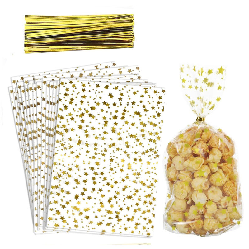 Goldene, Sternenbesetzte Cellophan-geschenktüten – 100 Stück Mit Metallverschluss Für Kekse, Süßigkeiten Und Kleine Geschenke – Ulisem