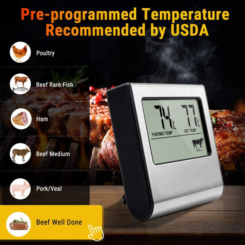 Ulisem Digitalthermometer Zum Kochen Von Fleisch Und Grillgut, Großes Lcd-display, Edelstahlsonde, Uhr Und Timer