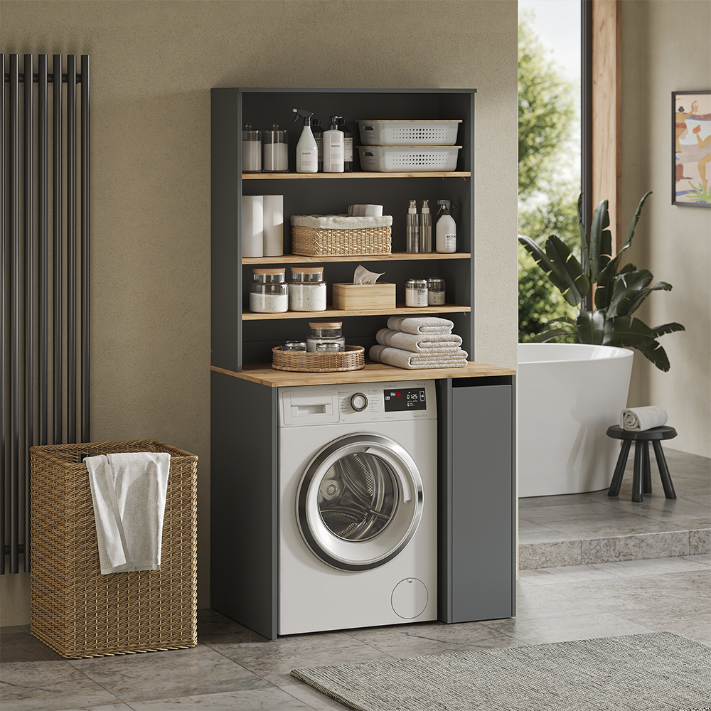 Waschmaschinenschrank Viktor, Anthrazit/goldkraft Eiche, 93.6 X 88.2 Cm 2 Teile Mit Rollregal, Vicco