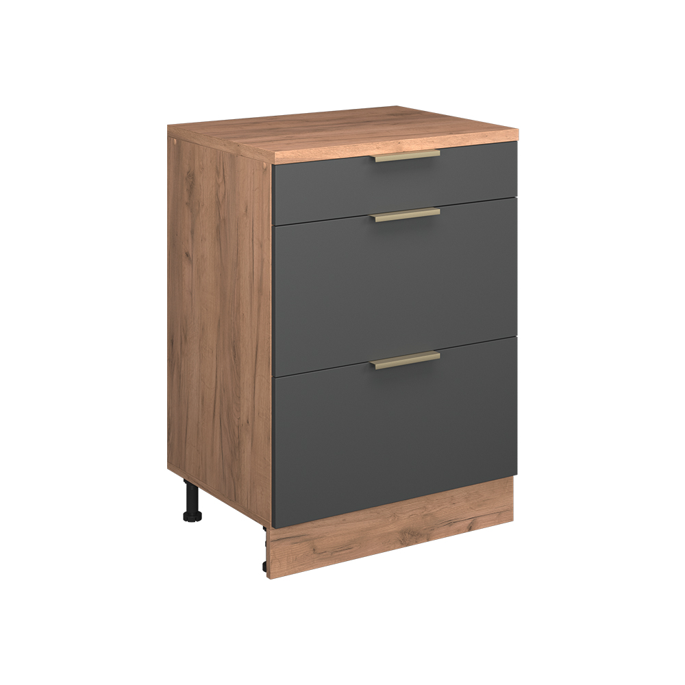 Küchenschrank Für Dachschrägen R-line, Anthrazit-gold, 60 Cm Ohne Schräge Mit 3 Schubladen, Vicco