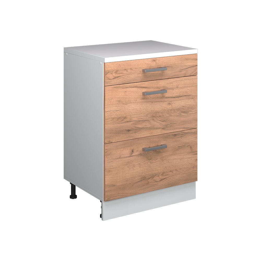 Küchenschrank Für Dachschrägen R-line, Goldkraft Eiche, 60 Cm Ohne Schräge Mit 3 Schubladen, Vicco