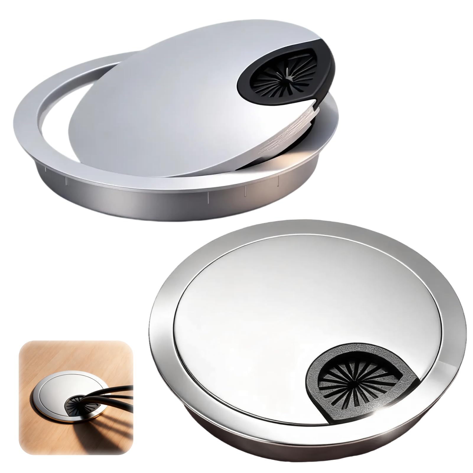 Metallene Kabeldurchführungen Für Schreibtische, Ø 60 Mm – Kabelorganisator Mit Zwei Einsteckmöglichkeiten, Ideal Für Schreibtische Und Tische, Kompatibel Mit Usb- Und Hdmi-kabeln – 2er-pack, Silberfa