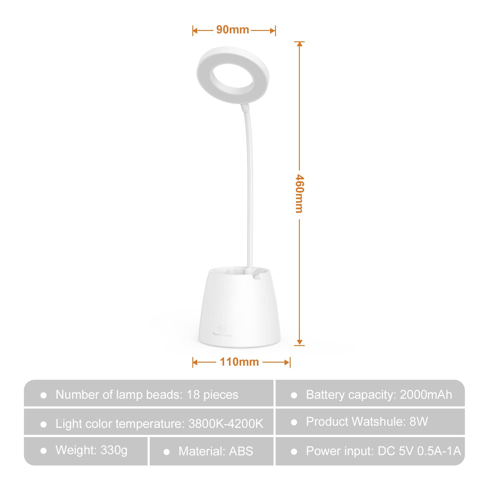 Led-schreibtischlampe Für Kinder, Dimmbar (3 Helligkeitsstufen), Augenschutz, Schwanenhals, Touch-steuerung, Kabellos, Usb-ladefunktion, Stifthalter Für Handy.