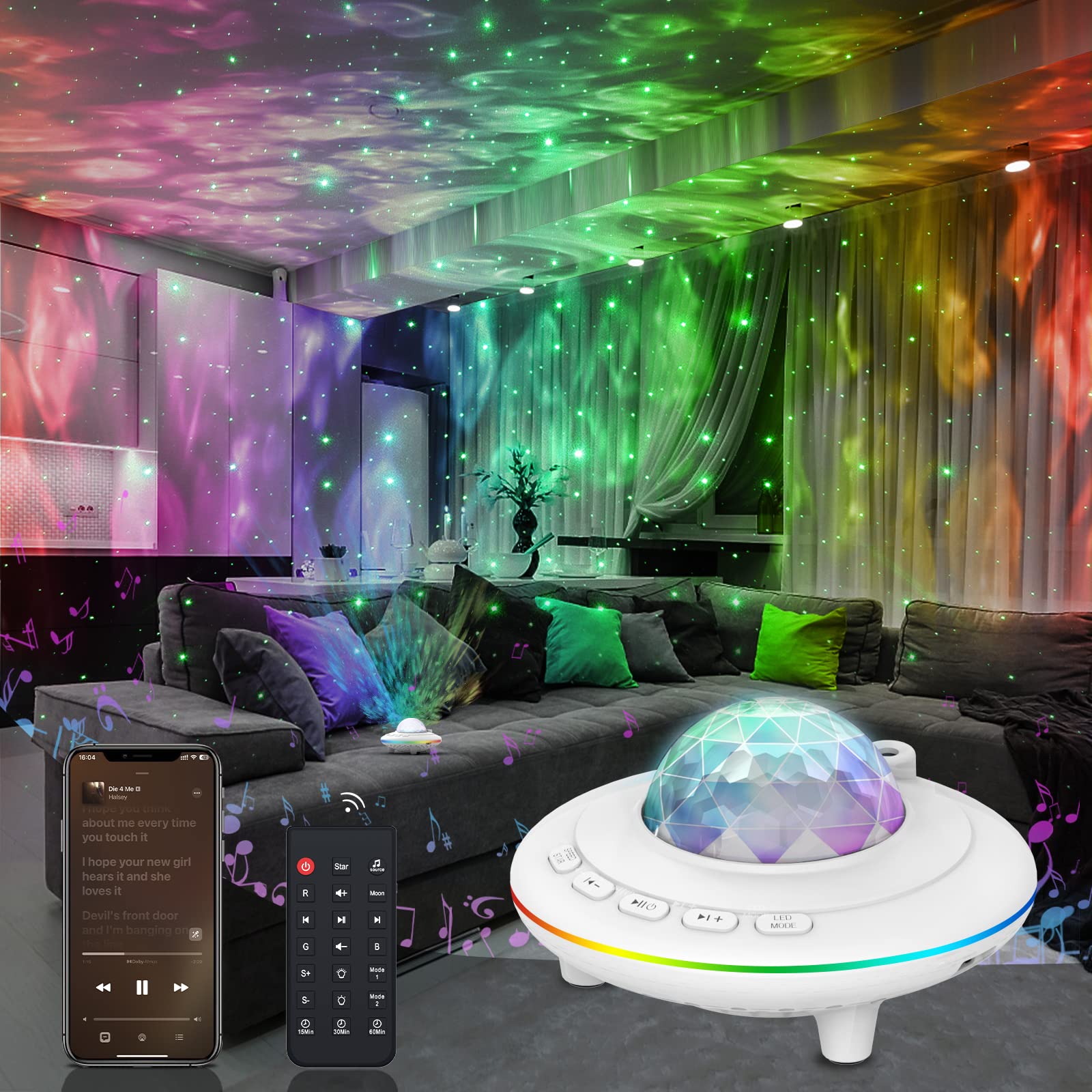 Sternenprojektor, Galaxienprojektor, Led-nachtlichtprojektor Mit Fernbedienung, 360°-drehung, Musik, Bluetooth-lautsprecher Für Kinder (weiß)