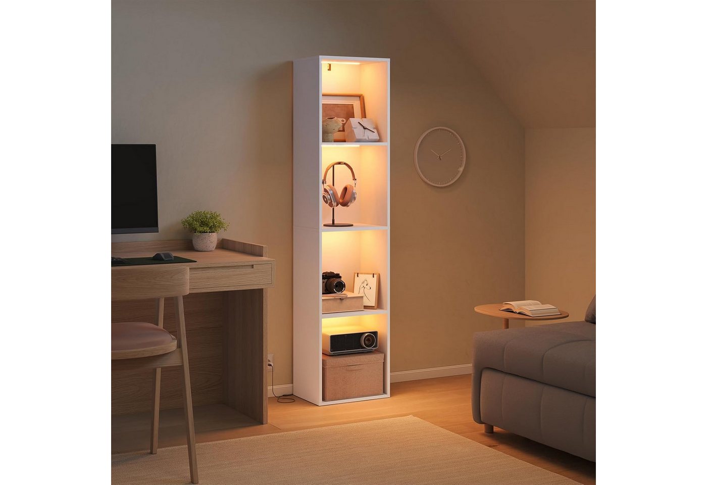 Woltu 4 Ebenen Bücherregal Mit Beleuchtung Bücherschrank Standregal Mit Kippschutz Für Wohnzimmer Schlafzimmer Arbeitszimmer 40x170x29 Cm Weiß Bild 5