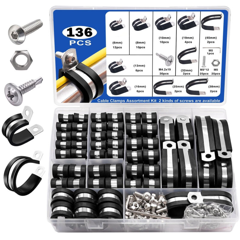 Set Mit 136 Schlauchschellen Aus Gummi Und Edelstahl 304 – 10 Größen Von 6 Bis 45 Mm – Vibrations- Und Geräuschschutz