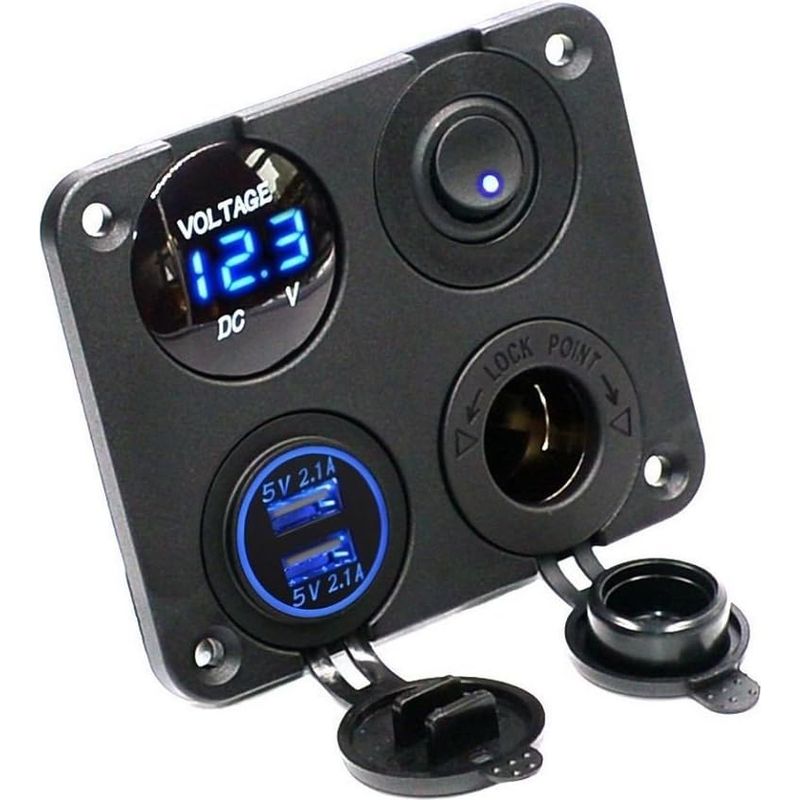 4-in-1 Dual-usb-ladegerät Mit Blauer Led-voltmeteranzeige, 12-v-netzstecker Und Ein-/ausschalter