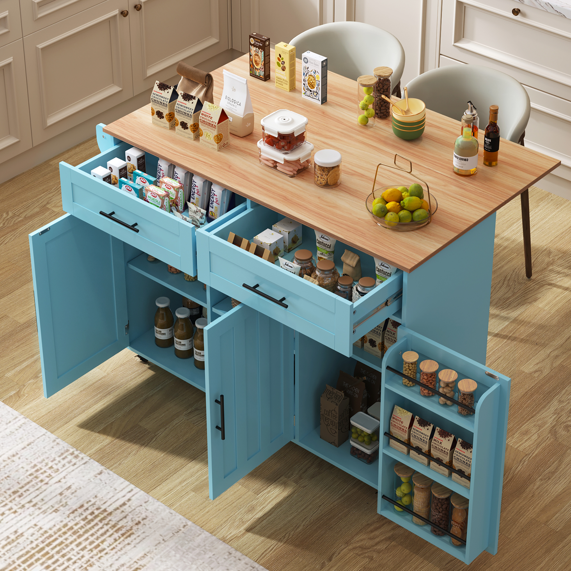 129x46(71)x91,5 Cm Großer Speisewagen/sideboard, Arbeitsplatte Mit Massivholzmaserung + Blauer Schrank/faltbare Arbeitsplatte/aufbewahrungstür-design/räder/massivholzfüße Umschaltbar/für Zuhause Geeig