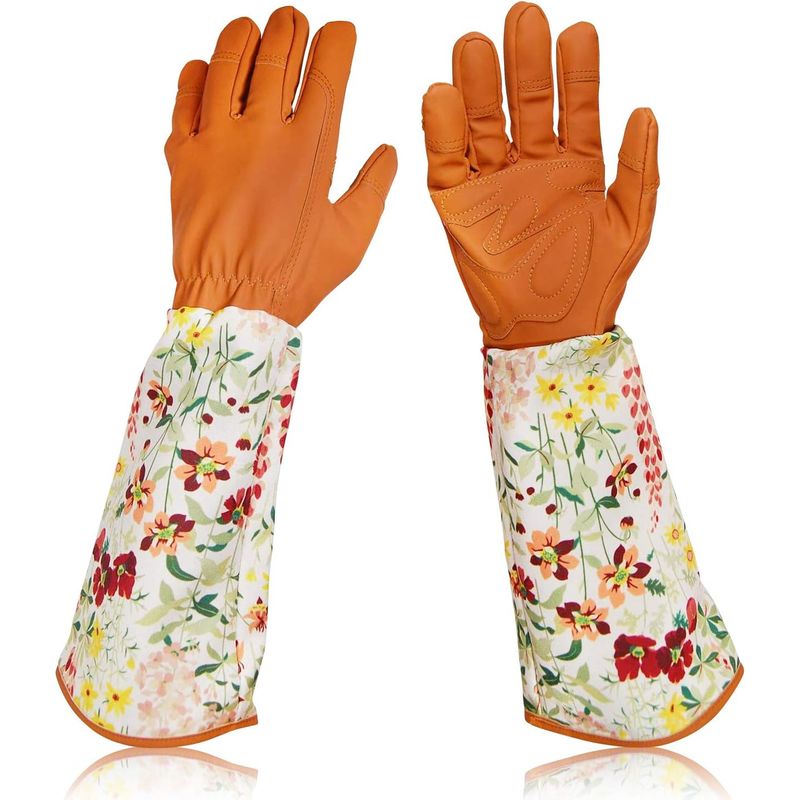Dornenresistente Gartenhandschuhe Aus Leder Für Damen Mit Floral Bedruckten Bündchen Und Langem Unterarmschutz (braun)