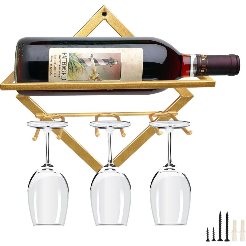 Wandmontiertes, Klappbares Weinregal Aus Metall Mit 3 Stielglashaltern, Hängeregal Für Zuhause, Küche, Bar, Wanddekoration (gold)