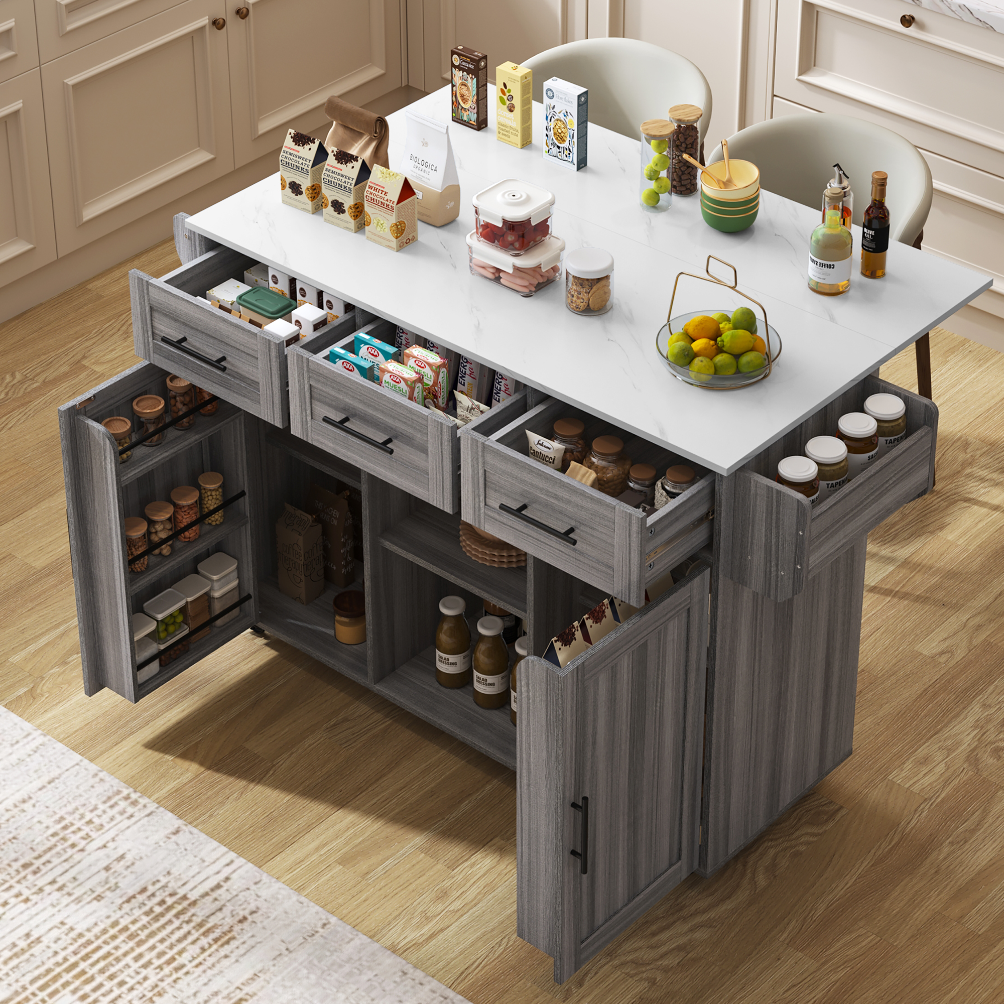 139x46(71)x91.5 Cm Großer Servierwagen/beistellschrank, Graues Massivholz-furnier Für Den Korpus + Weiße Marmor-furnierdekoration Für Die Arbeitsplatte, Schrank/klappbare Arbeitsfläche/stauraumtüren/r