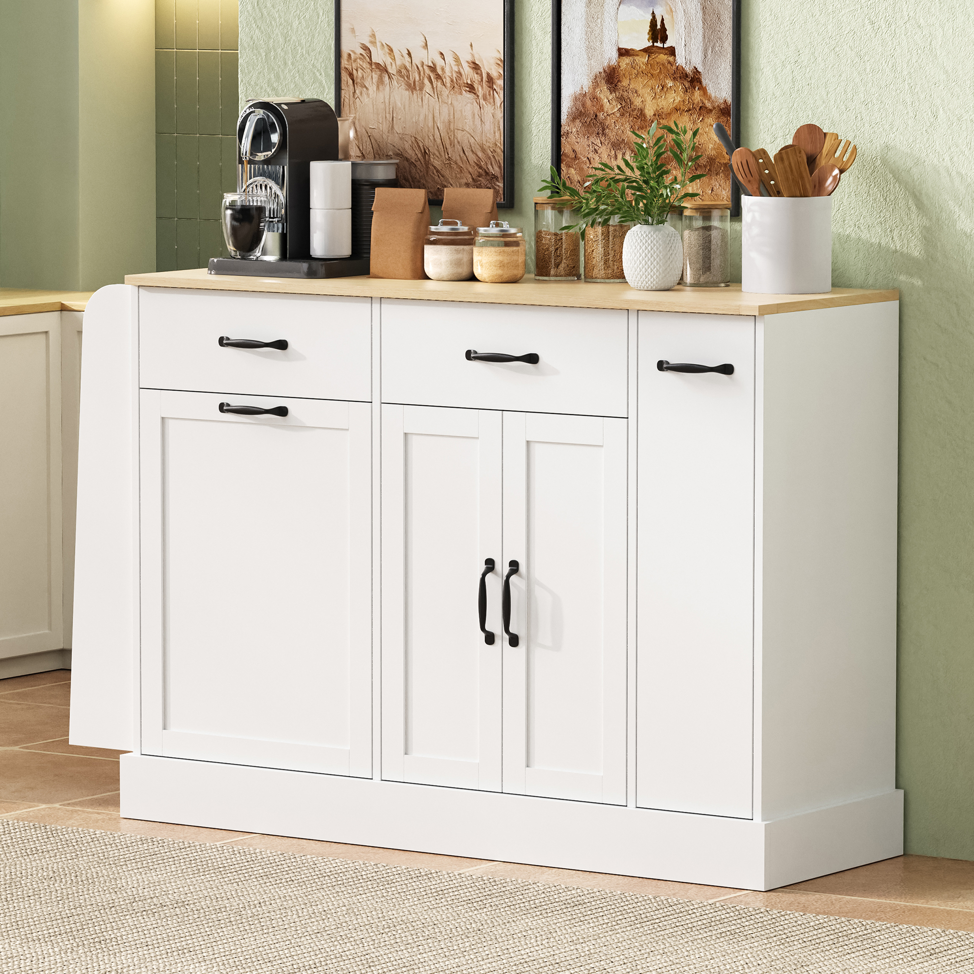 Modernes Sideboard Mit Unterschiedlichen Schubladen, Buffetschrank Mit Abfallbehälterfach Und Externer Gewürzregal Für Esszimmer, Wohnzimmer Und Küche (weiß)
