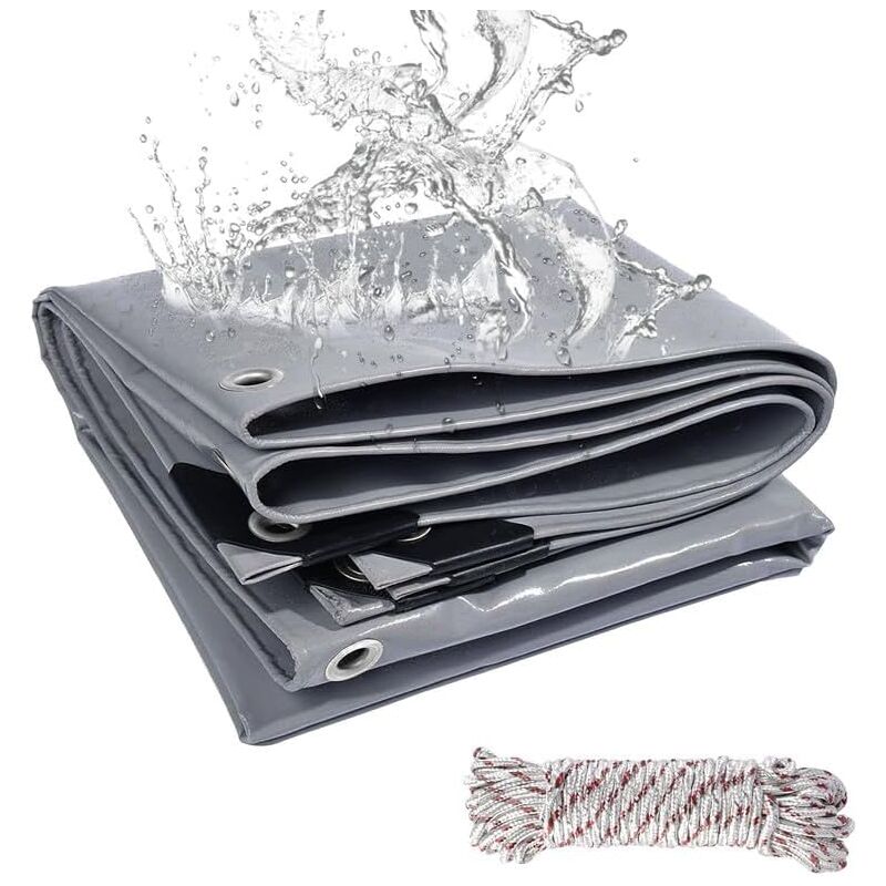 Segeltuch Mit Verstärkten Ösen, 440 G/m², Grau Und Wasserdicht, Mit 10 M Ankerseil (2×5 M)