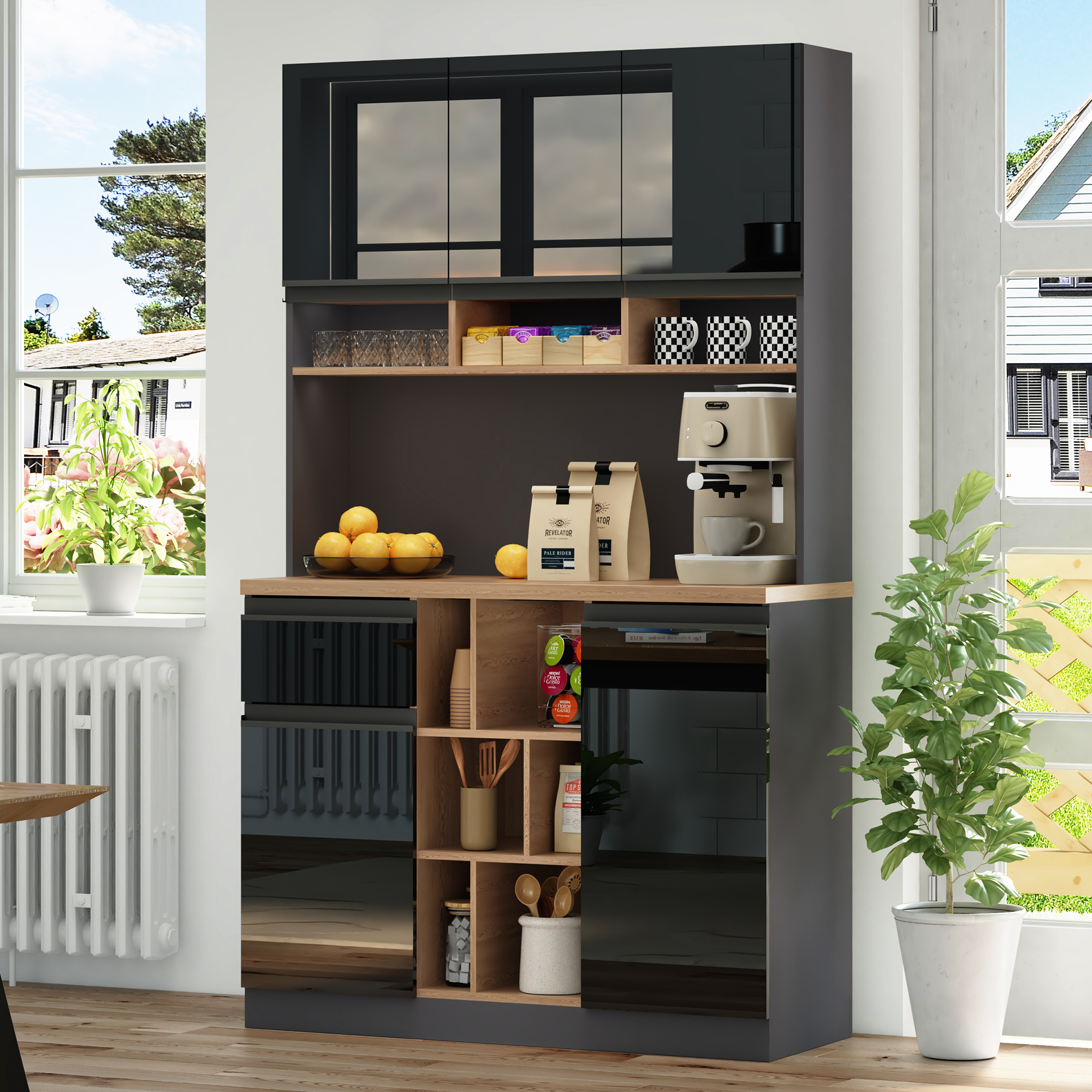 105×45×185cm,moderner Küchenschrank,buffet,sideboard,grau Und Schwarz,metallgriffe,verstellbare Regale,schubladen,offener Stauraum,kippschutzzubehör,geeignet Für Küche,wohnzimmer Und Schlafzimmer