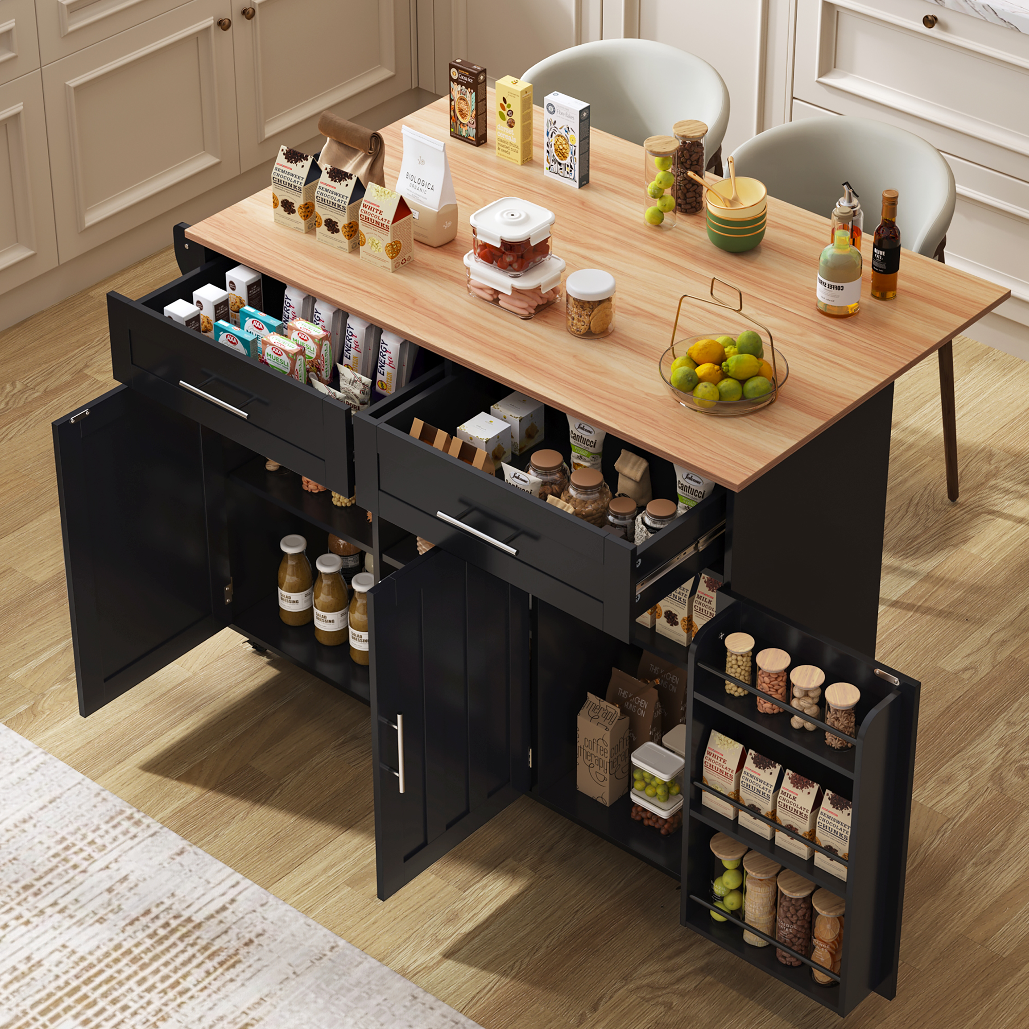 129x46(71)x91,5cm Schwarzer Großer Esszimmerwagen, Sideboard, Arbeitsplatte Aus Massivem Holz, Klappbare Arbeitsplatte, Stauraumtür, Rollen-/massivholzfüße, Für Den Hausgebrauch Geeignet,