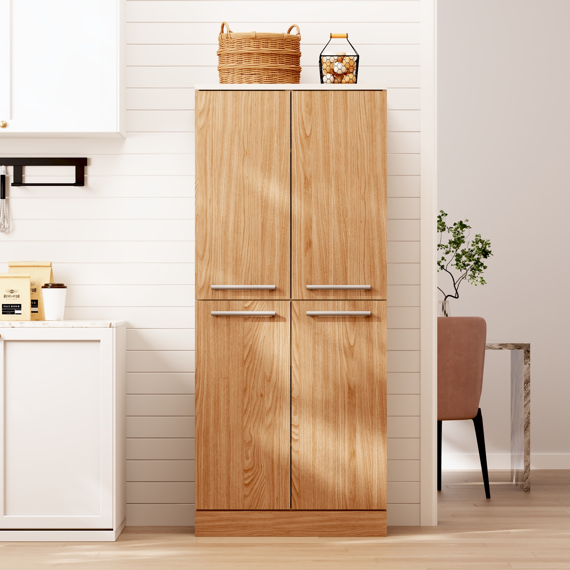 Kitchen Pantry Cabinet, Hoher Küchenschrank 4-türig, Kühlschrank-ähnlicher Vorratsschrank Mit Verstellbaren Böden, Großer Essschrank Mit Metallgriffen & Kippschutz, 76x42x180cm, Eiche Optik